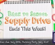 To start it off, our annual school supply drive ends next Sunday, July 28th! You can pick up a complete list at the info booth and then drop off supplies at the office during the week or to the basket near the Second Harvest sign in the foyer. nnThen, join us after service on Wednesday, July 31st, for our annual packing party as we put all of the supplies together into bags to hand out to both our own kids and teens as well as other families in need outside of the church.nnThen, our next Ladies