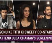 Ujda Chaman had a special screening which was attended by many Bollywood celebrities. Kartik Aaryan and Nushrat Bharucha also arrived at the screening to support their Sonu Ke Titu Ki Sweety co-star Sunny Singh who will be seen as the lead in the movie. The actor plays the role of a man troubled by premature balding. Kartik can be seen dressed in all black with a blue denim jacket. Nushrat also dressed in an all-black outfit and slayed the look.