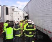 Crews from the Upper Saucon Township Fire Department (Lehigh County, PA) hand their hands full today. Shortly after 11AM they were dispatched for two tractor trailers who collided at the intersection of 309 and Center Valley Parkway in Upper Saucon Township. The tractor trailer that was hit had to be hand-unloaded so crews could use pneumatic tools and airbags to lift the truck off the driver. The detailed and methodical extrication process took over 3 hours. The patient was transported alive to