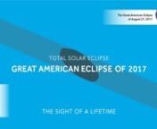 On August 21, 2017, a total eclipse of the Sun will sweep over the United States from Oregon to South Carolina. This will be the sight of a lifetime and to see day turn to light and the majestic spectacle of the Sun&#39;s corona, you must be within the path show in this video. To learn more, visit GreatAmericanEclipse.com
