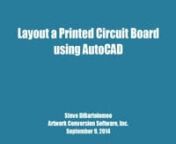 The first of a multi-part tutorial showing how to use AutoCAD to layout a simple PCB. This includes the layer setup, drawing the copper, solder mask, drill, silkscreen and component outline layers. It also will include how to convert the data from AutoCAD into Gerber files for creating the pattern on the PCB as well as drill files used to control the drilling of the board.