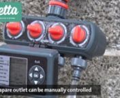 Comes complete with 4 way solenoid manifold Easy to programme step by step instructions and video 4 zones x 4 cycles per zone (16 watering cycles) Manual on/off bypass using manifold dials Flexible watering days programming Eco water saving soak function Watering time from 1min – 240min