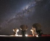 Time-lapse of a whole night at the ALMA Array Operations Site (AOS), located at 5000 metres altitude on the Chajnantor plateau, in the II Region of Chile. As the Moon sets at the beginning of the night, three of the first ALMA antennas start tests as part of the ongoing Commissioning and Science Verification process. Because they are pointing at the same target in the sky at any moment, their movements are perfectly synchronised. As the sky appears to rotate clockwise around the south celestial