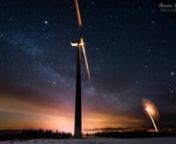 On the night of April 12, 2014 I shot a “holy grail” timelapse video for a client of the Caribou Wind Park near Bathurst, New Brunswick in Canada. The wind farm consists of thirty three turbines and puts out 99 megawatts when all of them are running. It’s called the “holy grail” of timelapses because shooting from sunset to the Milky Way is usually 20 stops or more and beyond the metering capability of the camera, and thus quite difficult to smoothly adjust and expose for (this particu