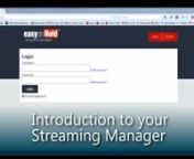 Here’s an introduction to your Easy On Hold Streaming Manager.nnThe web address is: https – easy on hold dot com – slash – loginnnEnter your user name and password.nnYour streaming manager features an online tutorial. Click here for an interactive walk-through of your Streaming Manager.nnYou can listen to what your stream is currently playing. This has no effect on what is heard on the stream, you’re just listening in.nnHere are all your streaming productions – your audio files. You