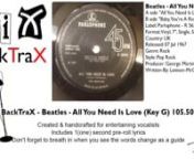 ViX BackTraX - Beatles - All You Need Is Love (Key G) 105.50bpmnCreated &amp; edited to entertain an audience. ViC © 2018nnThe reasaon I create these BackTraX is becasue I can&#39;t stand hearing entertainers, karaoke singers &amp; live bands using inferior backing tracks.nIn the case of live bands it&#39;s more of them winging it on songs that they don&#39;t have Keys, Brass or Quality Backing Vocals for.nI&#39;d sooner hear the original artist &amp; the original recording blasting out of the P.A with flat EQ