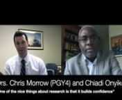 Drs. Chris Morrow (PG4) and Chiadi Onyike discuss the project they have been working on, which seeks to understand the chronology of functional decline and psychiatric in fronto-temporal dementia; being selected for presenting at the American Association for Geriatric Psychiatry meeting; and the ways in which research work can deepen clinical interest in a field and build confidence along the way.