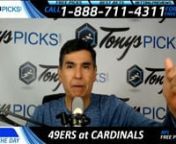 Go to: https://www.tonyspicks.comThe San Francisco 49ers will battle Arizona Cardinals in an NFL pro football game Sunday October 1st, 2017. NFL pick prediction odds Arizona Cardinals -7 with over under odds 44.5. It will air on FOX. NFL pro football premium pick predictions for this week are available now and delivered fast to preview readers who follow the info below. nnStart Time: 4 PM ETnnLocation: ArizonannDate: Sunday October 1st, 2017nnTV: FOXnnNFL Point Spread Odds: Arizona Cardinals -