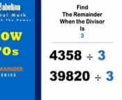 Visit the link below for more information.nnhttp://www.abellna.comnnnQuickly find the remainder when dividing a number by 3. Watch the video to find out!nnTo find the remainder when there is a divisor of 3 without having to solve the math problem is simple and easy to learn.nn(Only For Whole Numbers)nn134 ÷ 3n690 ÷ 3n45671 ÷ 3n90872 ÷ 3n372123 ÷ 3nnTwo methods are given, and the second method consists of two options where both can be combined for more efficiency when applicable.nnFIRST METH
