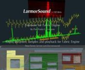 Extension for Fabric Engine by Pier Paolo CiarravanonSound spectrum, samples and playback for Fabric Enginennhttp://www.larmor.com/larmorsoundnhttps://github.com/ppciarravano/larmorsoundnn* Extracts audio from all media file types: wav, mp3, mp4, mkv, mts, etc.n* Extracts all audio channels: mono, stereo, 5.1, etc.n* Spectrum output in time per each channeln* Audio energy in time per each channeln* Numeric samples output per channeln* Audio playback reproduction: Fabric Canvas play and stop butt