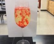 Put an inch of water in a wine glass. Fill up the glass with canola oil to near the top. Add in a drop or two of food coloring. Let the drops fall to the water. Add in an Alka-Seltzer tablet. Enjoy! nnChemistry Explanation:Oil has C-H and C-C bonds so it is a non-polar substance. Water has O-H bonds which are polar. Polar and non-polar substances do not mix. Food coloring is polar like water, like dissolves like. The food coloring does not mix with oil so the drop of food coloring falls throug