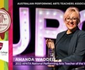 The Australian Performing Arts Teachers Association:2022 APATA National Award presentation for Performing Arts Teacher of the Year - Mrs Amanda Waddell, Head of Faculty for the Arts, John Paul College QLD.nnWe are honoured to present this award and to share in celebrating a remarkable teacher who contributes deeply to the foundations of lifelong learning of the arts in her school community and beyond. nnTo watch this video on Amanda&#39;s presentation page visit- https://www.apata.com.au/awards-ov