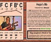 Full page: https://ragajunglism.org/tunings/menu/hajas-bb/ &#124; “‘Haja’ (pronounced ‘Adz’) is an innovative modern guitarist from Madagascar. His exuberant, rhythmic playing style fuses elements from across the island’s wealth of sonic traditions – showcased via breathtaking solo electric performances as well as in his long-running fusion group Solomiral. His chosen tuning (equivalent to Orkney -2) forms a Bbsus2 (or Fsus4/B) voicing, with intervals that ‘narrow’ as you go up (two