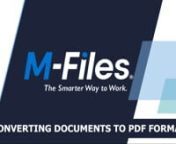 Files of the object can be automatically converted into PDF form on the server when the object changes state. Conversion to PDF on the server can be done for files in such source formats as Microsoft Word, Microsoft Excel, Microsoft PowerPoint, Microsoft Outlook, and Visio, as well as RTF and OpenOffice files.nnWhen converting to PDF, M-Files updates the M-Files property fields, if any, in Microsoft Word and Microsoft Excel documents by using the current metadata of the object.nnDoes your M-File