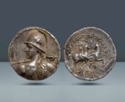 BACTRIA. Eukratides I, 170-145 BC. AR Tetradrachm, 16.07g (34mm, 12h). Upper bust of warrior wearing a helmet (decorated with a horn and ear of a bull), holding a spear with his back facing and head left / Dioscuri holding spears and palm fronds; ΒΑΣΙΛΕΩΕ ΜΕΓΑΔΟΥ ΕΥΚΑΤΙΔΟΥ around and monogram below the forelegs of the front horse.nPedigree: Ex The Bru Sale 1, 21.11.2012, lot 80. From a private English collectionnReferences: Bopearachchi Series 8B. HGC 132 (Bactria). Mitch