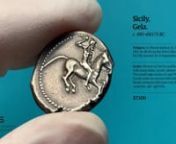SICILY. Gela, c. 490-480/75 BC. AR Didrachm, 8.57g (21mm, 3h). Helmeted, nude horseman galloping right, holding spear overhead in r. hand / CEΛAΣ below the forepart of a man-headed bull, r.nPedigree: Ex Hirsch Auktion 32, 15 November 1912, lot 46 (From the Virzi Collection). Ex CNG Auction 55, 13 September 2000, lot 81 nReferences: Jenkins 96.11 (O29/R51 - this coin). SNG ANS 21 (same dies)nGrade: Obverse o/c but in excellent condition with sharp strike. Lovely cabinet toning. Two small edge c