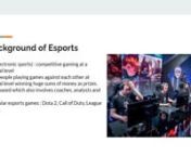 Presentation By:nAnthony ArcieronAmanda CalicchionAlthea Castro De La MatanBailey DoninenSasha NihaminnnEdited by Anthony ArcieronnReferences:nhttps://www.espn.com/esports/story/_/id/24427802/mental-health-issues-esports-remain-silent-very-real-threat-playersnhttps://universitybusiness.com/keeping-esports-players-mentally-strong-and-in-the-game/nhttps://www.frontiersin.org/articles/10.3389/fnhum.2020.00101/fullnhttps://www.theguardian.com/games/2020/nov/16/video-gaming-can-benefit-mental-health-
