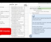 A searchable drop down list will be helpful when the data list gets too long. In the demo video, the data set consists of 10000 movie titles. With a key word search feature the drop down list narrows down to just a few selections. Related information of the selected movie is presented immediately.nThis model has several benefits:n1. search by key words; works for partial wordn2. identify duplicates, if anyn3. quickly fetches related infon4. simple for non-Excel usern5. no VBA/macro