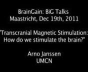 Speaker in this video:nArno Janssen (m), Dutch, UMCN , Neurology / Clinical NeurophysiologynnTitle:n“Transcranial Magnetic Stimulation: How do we stimulate the brain?”nnShort summary:nTranscranial Magnetic Stimulation is a non-invasive method to change cortical excitability. It is used in neuroscience and in clinical practice, but underlying mechanisms are not clear. The aim of this project is to get more insights in how TMS works. nnWhy this video?nBrainGain is a Dutch research consortium t
