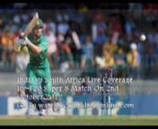 Live Coverage : http://www.watchiccworldt20online.com T20 Worldcup 2012 India vs South Africa Live Match Stream Tue 2nd OctIcc WorldcT20 2012 23th Match India vs South Africa Group 2 Timing : 14:00 GMT (7:30: SLST) On Tuesday October 2nd 2012 Venue : R. Premadasa Stadium, Colombo So do not miss this exciting match hope you’ll get more fun and enjoyments by watching this exciting match between Two Bigs TeamsIndia vs South Africa Live Streaming Click Here : http://www.watchiccworldt20online.
