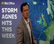 This is a Met Office UK Weather forecast looking at the Storm Agnes hitting the UK this week, dated 25/09/2023.&#60;br/&#62;&#60;br/&#62;Storm Agnes was named on Monday morning, the storm is going to hit the UK on Wednesday afternoon and into Thursday morning. Winds are expected to cause disruption, with the potential to create flying debris and power cuts.&#60;br/&#62;&#60;br/&#62;Bringing you this forecast is Met Office meteorologist Alex Deakin.&#60;br/&#62;&#60;br/&#62;~&#60;br/&#62;&#60;br/&#62;Subscribe to make sure you never miss the latest UK weather forecast or important weather warning - https://www.youtube.com/c/metoffice?sub_confirmation=1&#60;br/&#62;&#60;br/&#62;We are the Met Office, the UK’s national weather service, and every day of the week we bring you a morning weather forecast and an afternoon weather forecast so that wherever you are in the UK we have you covered.&#60;br/&#62;&#60;br/&#62;Forecast and any weather warnings are accurate at time of recording. To ensure you have the most up to date weather information, check the hourly forecast and live warnings on the Met Office website or app.&#60;br/&#62;