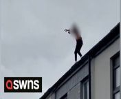 A man was filmed climbing onto a house roof during a police drugs raid - then being stretchered away after apparently falling off.&#60;br/&#62;&#60;br/&#62;The male was seen emerging out of a skylight as officers began forcibly entering the house below during a bust, student news site The Tab reports.&#60;br/&#62;&#60;br/&#62;He then appears to run along rooftops away from the police as they entered the &#39;&#39;cannabis factory&#39;&#39; at 1:30pm yesterday (31/10),.&#60;br/&#62;&#60;br/&#62;Footage of the incident, on Cranbrook Street in Cathays, Cardiff, shows police officers yelling at the man to &#39;get down&#39;.&#60;br/&#62;&#60;br/&#62;It then shows two ambulances at the scene, where paramedics can be seen lifting an injured man on a stretcher.&#60;br/&#62;&#60;br/&#62;Eye witnesses told The Cardiff Tab that the man had fallen off the roof and into the back garden of a property a couple of houses down from the raid. &#60;br/&#62;&#60;br/&#62;The man immediately received treatment from the waiting paramedics and police confirmed that his injuries were not believed to be life-threatening or changing.&#60;br/&#62;&#60;br/&#62;A resident of Cranbrook Street who lived only a couple of houses down from the incident said: “Police climbed over our garden wall, and were looking in our garden for drugs.”&#60;br/&#62;&#60;br/&#62;South Wales Police told The Cardiff Tab: “South Wales Police can confirm a cannabis factory has today been found at a house in Cranbrook Street, Cathays, and one man has been taken to hospital.&#60;br/&#62;&#60;br/&#62;“His injuries are not believed to be life-threatening nor life changing. Enquiries are on-going.”