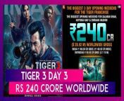 Salman Khan’s Tiger 3 Earns An Overall Revenue Of Rs 240 Crore Worldwide In Three Days. The Yash Raj Films Shared That Tiger 3 Made A Gross Collection Of Rs 180.50 Crore And A Net Collection Of Rs 148.50 Crore At The Box Office. Tiger 3 Has Become The Biggest Three-Day Opener In The Tiger Series. It Is Salman Khan And Katrina Kaif’s Highest Opener Too. Tiger 3 Showed An Excellent Hold On Day 3 And Mass Circuits Are Calling The Shots, As Per Movie Critic Taran Adarsh. Maneesh Sharma-Directed Tiger 3 Earned Rs 43 Crore On Day 1, Rs 58 Crore On Day 2, And Rs 43.50 On Day 3 At The Box Office, Said Taran Adarsh.&#60;br/&#62;