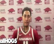 Arkansas Razorbacks forward Jalen Graham briefly with the media after scoring 18 points in a 95-74 loss at LSU on Saturday afternoon in Baton Rouge, La.
