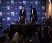 Stephen Curry and Draymond Green speak with the media following a 124 - 114 Game 1 victory over the Cleveland Cavaliers.