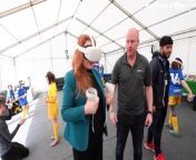 Wolverhampton MP Jane Stevenson has a go at the VR goalie challenge, during her visit to the Premier League Primary Stars Girls Tournament at Wolves training ground.
