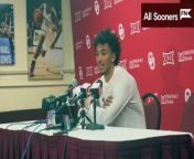 Oklahoma basketball players Milos Uzan and Javian McCollum meet the press on Friday, Feb. 23, 2024, to talk about Saturday&#39;s game at Oklahoma State.