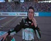 Chandler Smith celebrates after winning in NASCAR Overtime at Phoenix Raceway, mentioning the win should&#39;ve gone to Justin Allgaier before he wrecked late.