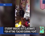 A 50-second video clip that shows a student knocking out his classmate for hitting their teacher during a fracas has gone viral.