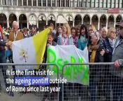People welcome Pope Francis&#39;s visit to Venice on Sunday, the ageing pontiff&#39;s first outside Rome since last year. The Pope addressed more than 10,000 faithful seated in the vast St Mark&#39;s Square, following an earlier visit to a women&#39;s prison and an address to young Venetians.