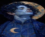 Prompt Midjourney : watercolor painting of a handsome valiant Moon Spirit, clad in ornate and intricately designed dark blue spandex with speckled white stars all over, a costume of the night, high neck collar, dark blue billowing cloak, unique designs on his clothing, Moon themed, dark hair, dark blue skin speckled with bright white stars, bright blue eyes, pointy elf ears, watercolor on parchment page, he is an Elf from Dungeons and Dragons, watercolor painting on canvas --ar 9:16 --stylize 750