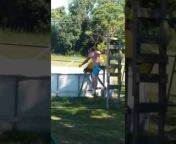 This man built a waterslide into his pool using old playground materials. Hilariously, the slide broke the very first time the man tried it out.&#60;br/&#62;&#60;br/&#62;?The underlying music rights are not available for license. For use of the video with the track(s) contained therein, please contact the music publisher(s) or relevant rightsholder(s).?