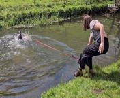 This dog owner got a run for her money when her pooch pulled her into a river.