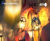 Crowds gather on the streets of Seoul to celebrate the Lotus Lantern Festival, held ahead of Buddha’s birthday on 15 May, as ornate lanterns are paraded past by monks and participants.