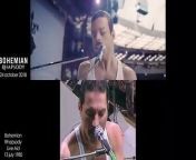 Comparisons between the Live Aid scene from the movie Bohemian Rhapsody (2018) and the blu-ray extra with the Live Aid performance from 1985 by The Queen.