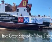 Successful launch of the MV Isle of Islay, which took place at the Cemre Shipyard in Yalova, Turkey. The vessel is the first of four ferries being built at the yard and marks a significant milestone for CMAL’s commitment to delivering new ferries to serve the Scottish islands.&#60;br/&#62;The MV Isle of Islay, the first of two vessels to serve Islay and Jura, was launched today (Saturday 16 March) at Cemre Marin Endustri shipyard in Yalova, Turkey.&#60;br/&#62;The vessel, which is one of four ferries being built at the yard, marks a significant milestone in Caledonian Maritime Assets Limited’s (CMAL) commitment to delivering new ferries to serve the Scottish islands.&#60;br/&#62;Representatives of CMAL and key project stakeholders were in attendance, and Morag McNeill, Chair of CMAL, officially launched the ferry.&#60;br/&#62;Scheduled for delivery in October 2024, the vessel will have capacity for up to 450 passengers and 100 cars, or 14 commercial vehicles.It will provide a combined 40% increase in vehicle and freight capacity on the Islay routes, bolstering the overall resilience of the wider fleet.&#60;br/&#62;Work will continue onboard the vessel while it is in the water, before it undergoes sea trials and is handed over to owners, CMAL. Crew familiarisation and local operational trials will then take place upon her arrival from Turkey, before the MV Isle of Islay enters service.