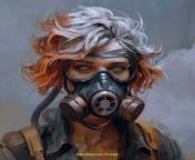 Prompt Midjourney : female post apocalyptic grandmother, gas mask, peach colored hair, grey eyes, tan skin, 45 years old, Beautiful, art --v 6.0